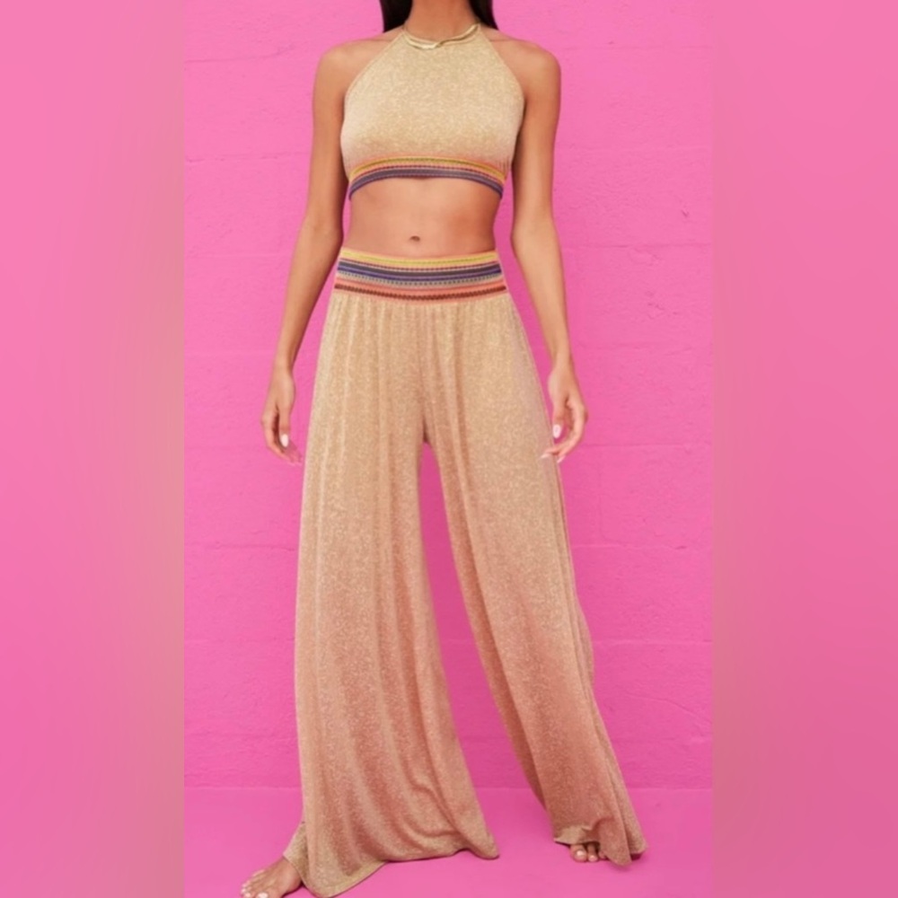 Pitusa. Wm’s Halter Top & Wide-Leg Pants Gold with Multicolor Waistband.